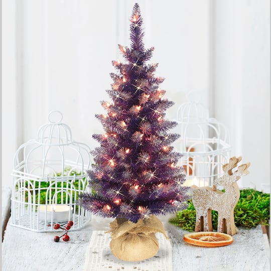 6 Pack: 3ft. Pre-Lit Flocked Purple Artificial Christmas Tree in Burlap Base, Clear Lights